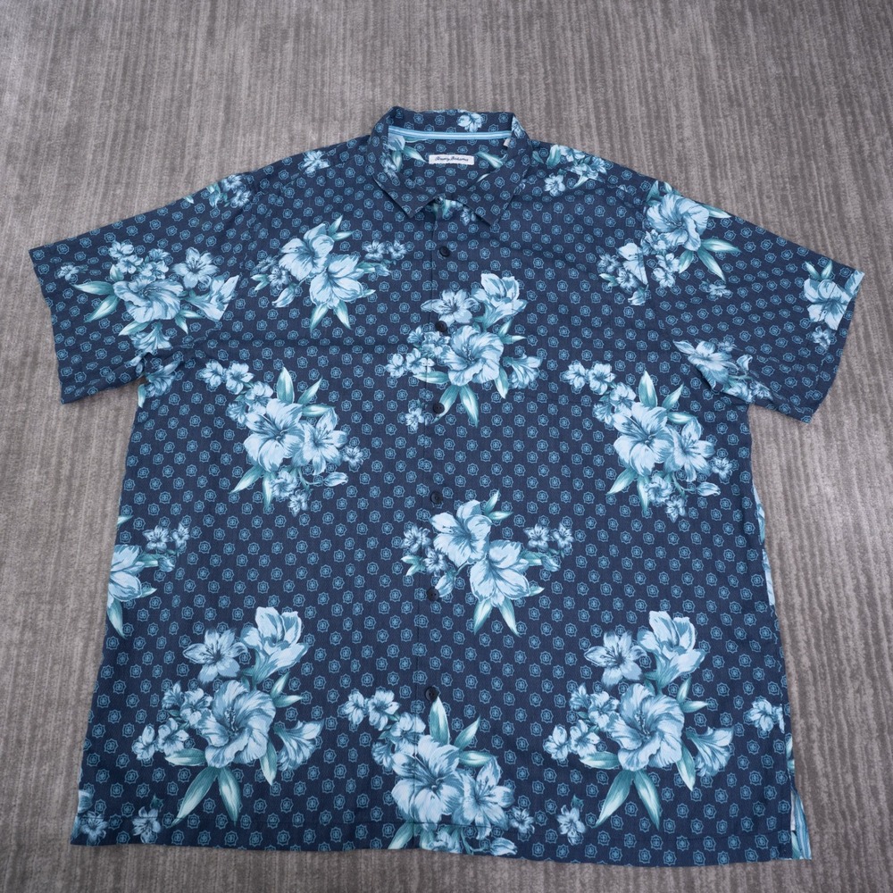 Tommy Bahama Button Up Mens 3XLT Blue Excellent Silk Blend Floral Tropical